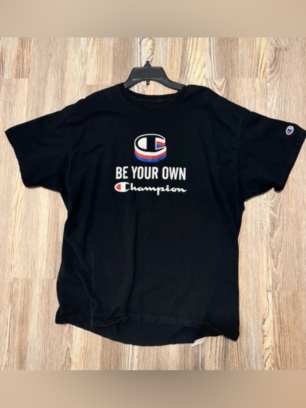 Champion Black Tee with Blue and Red Logo